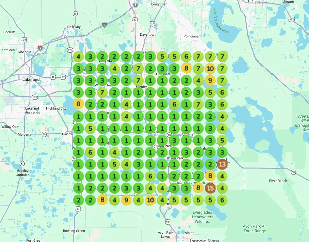 Google Maps rank grid showing a business ranking in the top spots across its service area