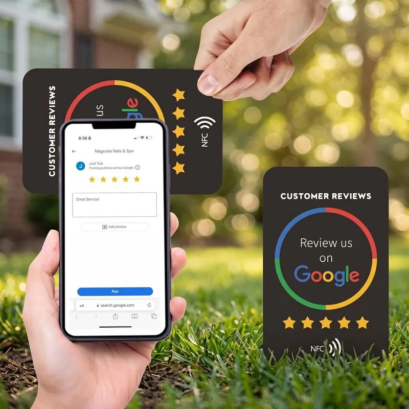 Tap For Review NFC cards: a customer taps their phone on the card and the Google review page opens