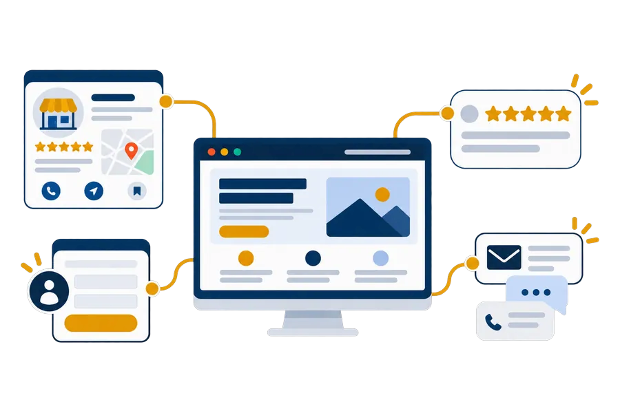 A home service website connected to a Google Business Profile, reviews, lead forms and follow-up messages